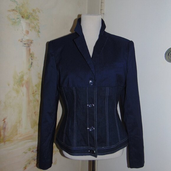 Vintage Y2K Windsor Fashions Blazer Denim & Pin Stripe Jacket Blue Fitted 13 - Picture 4 of 10